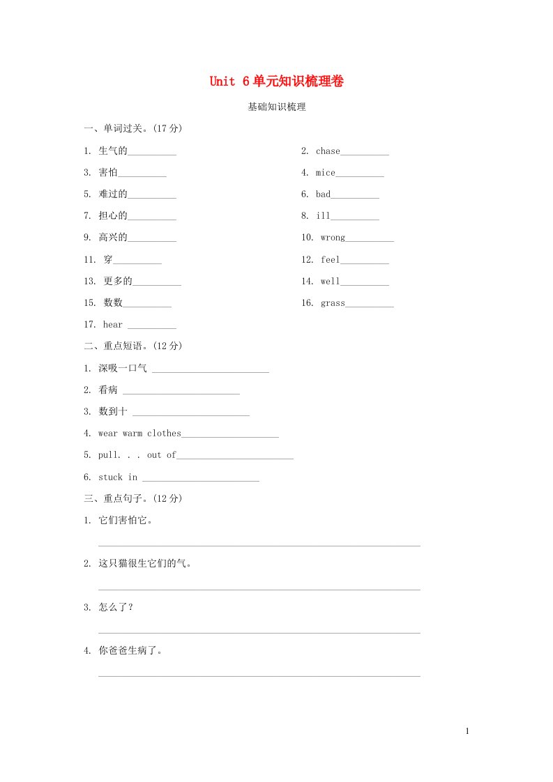 2021六年级英语上册Unit6Howdoyoufeel单元知识梳理卷人教PEP