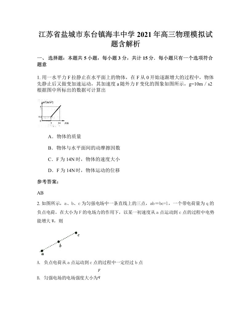 江苏省盐城市东台镇海丰中学2021年高三物理模拟试题含解析