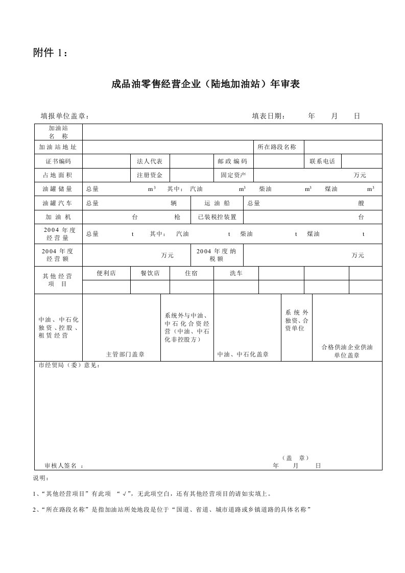 成品油零售经营企业(陆地加油站)年审表