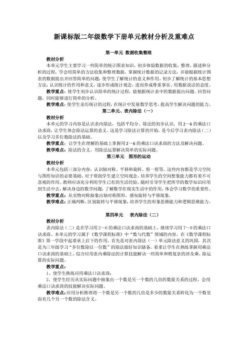 新课标版二年级下册数学教材分析与重难点