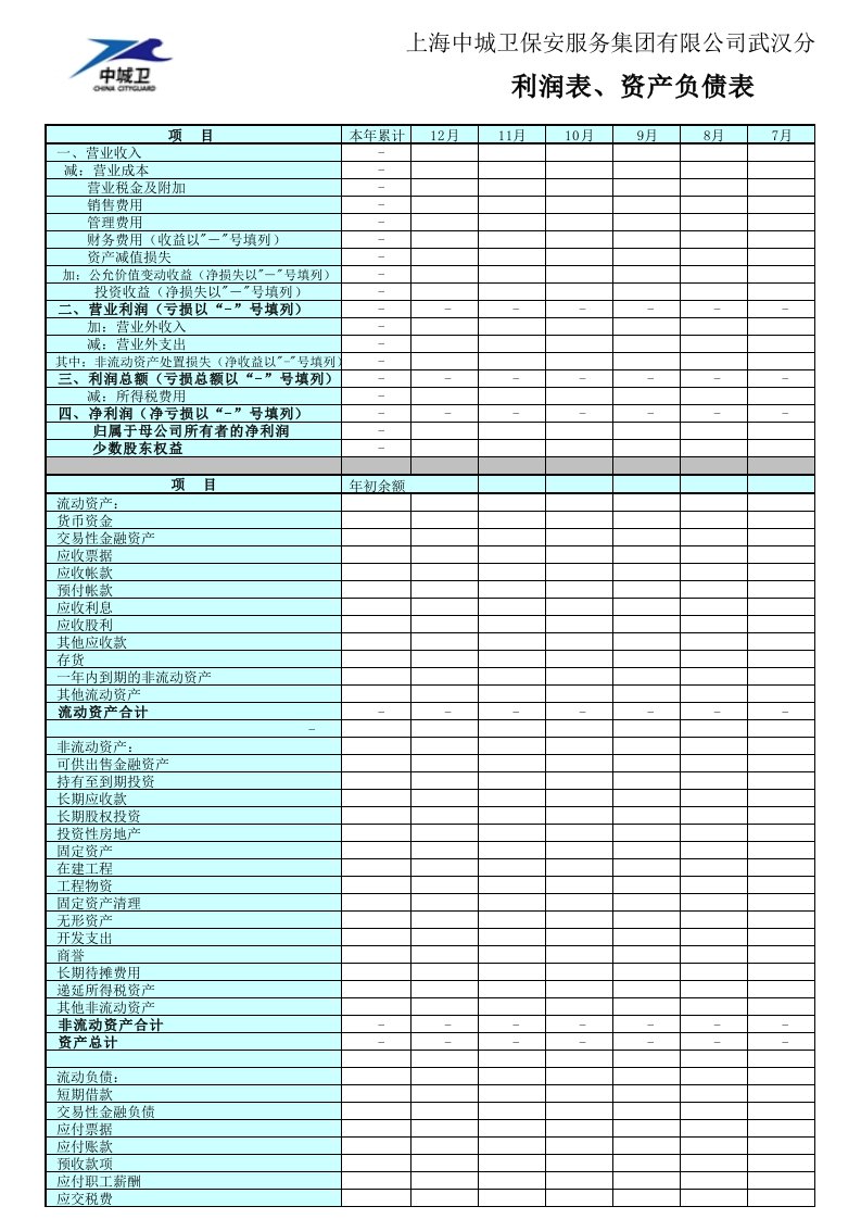 月度财务报表（模板）