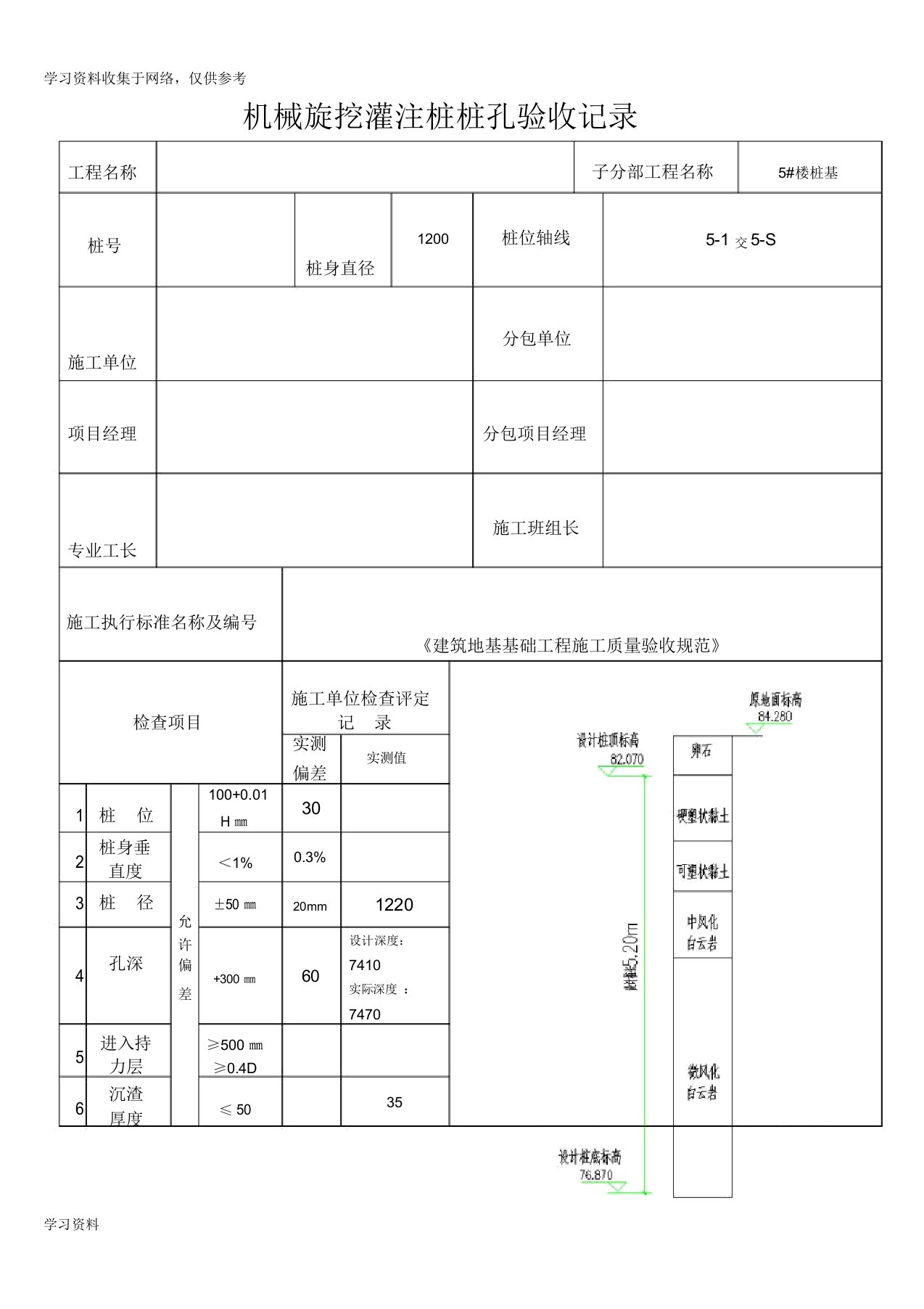 旋挖成孔灌注桩桩孔验收记录