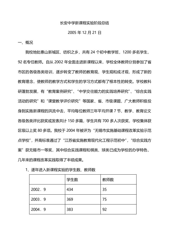 长安中学新课程实验阶段总结