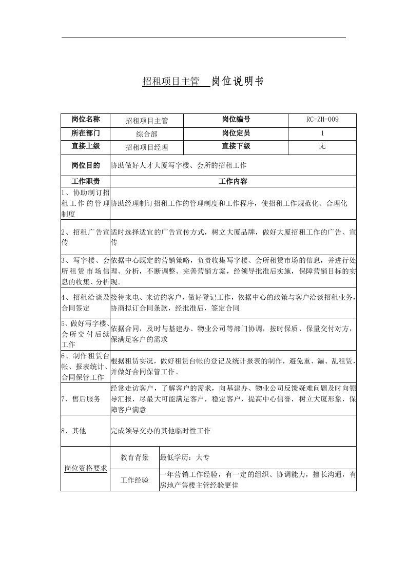 招租项目主管岗位说明书