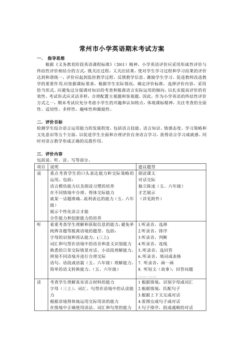 常州市小学英语期末考试方案