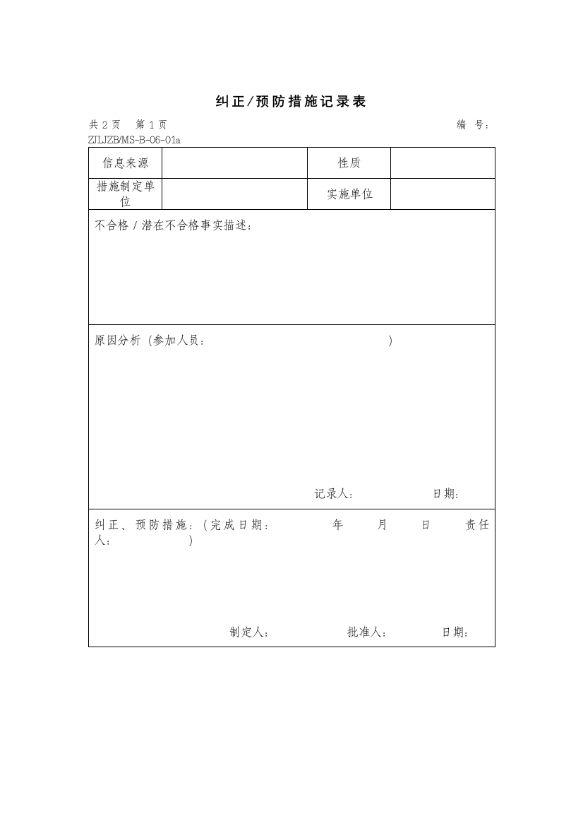 纠正、预防措施记录表