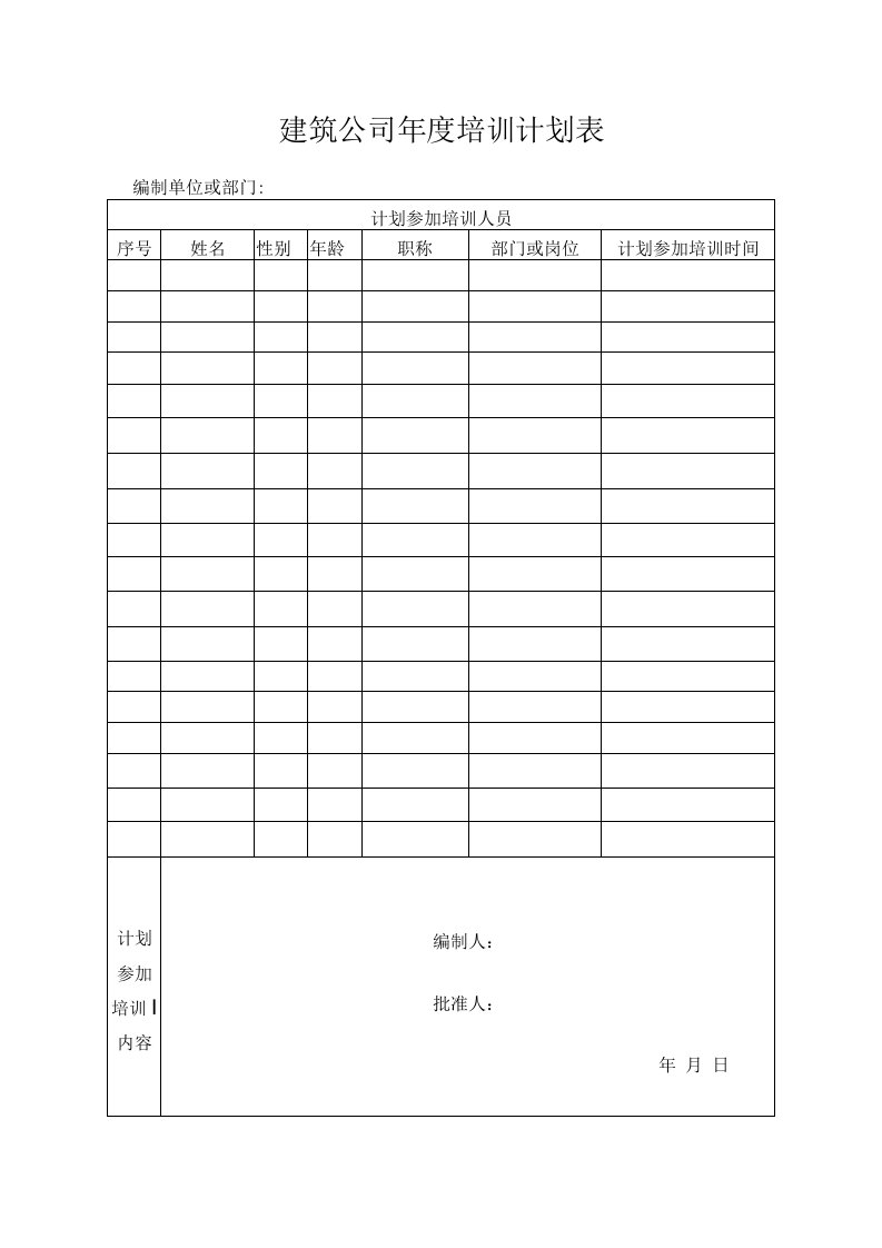 建筑公司年度培训计划表