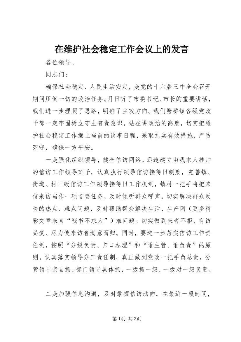 在维护社会稳定工作会议上的发言