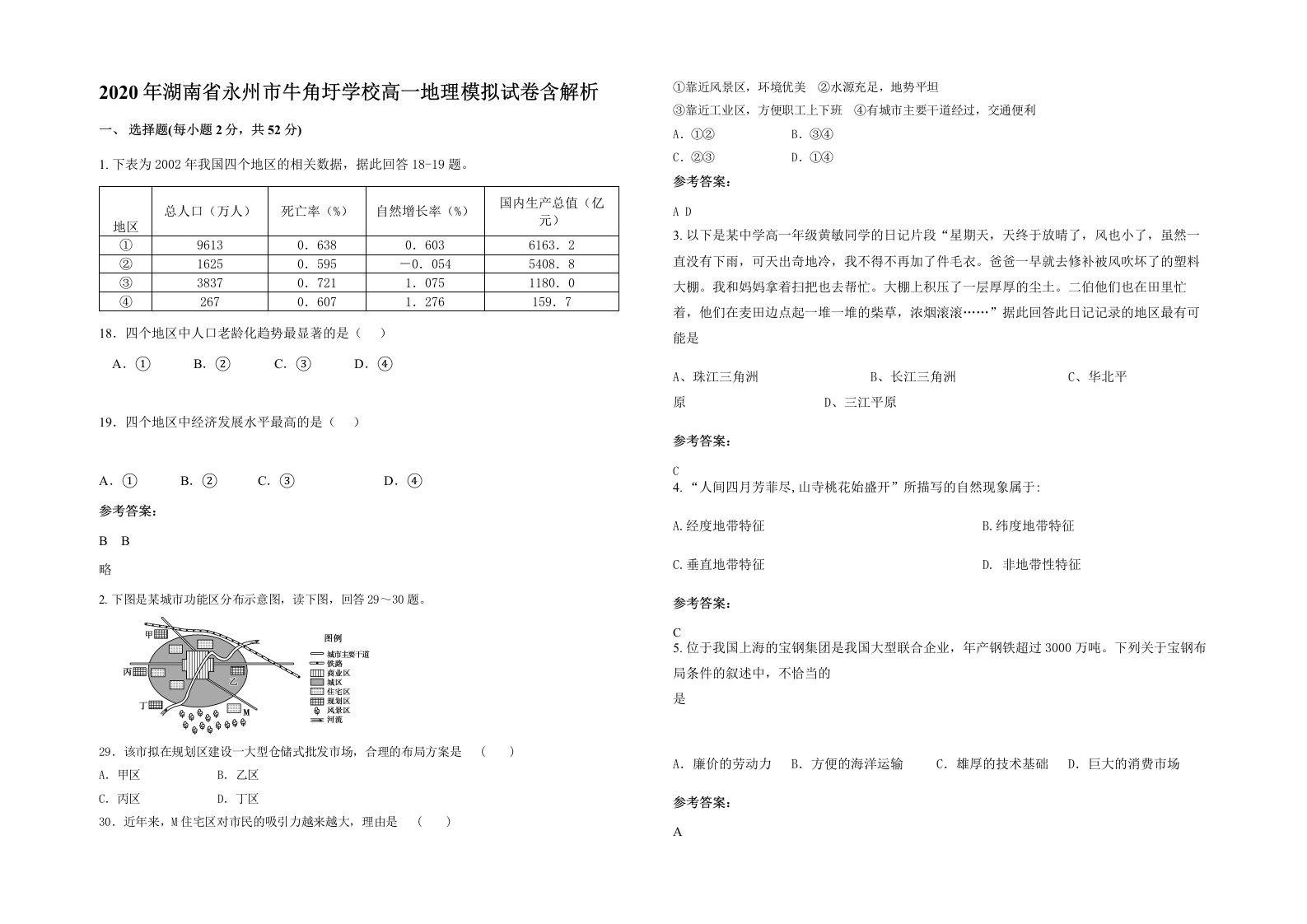 2020年湖南省永州市牛角圩学校高一地理模拟试卷含解析