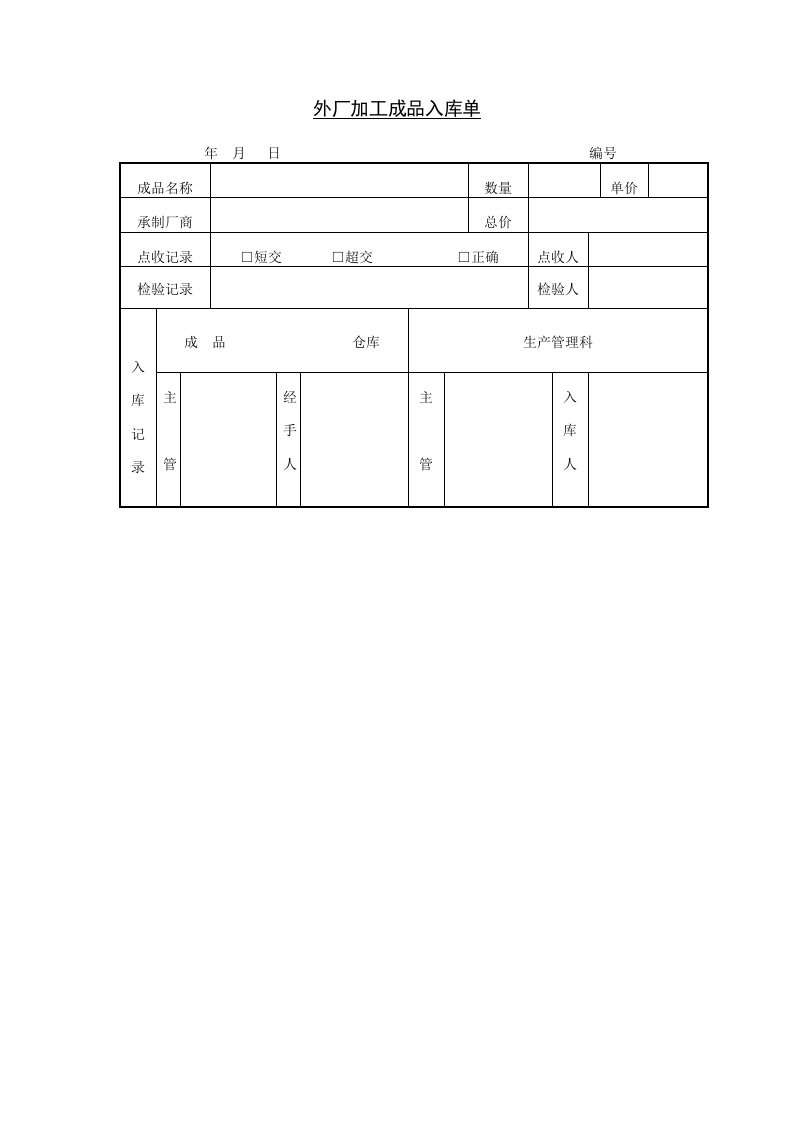 外厂加工成品入库单