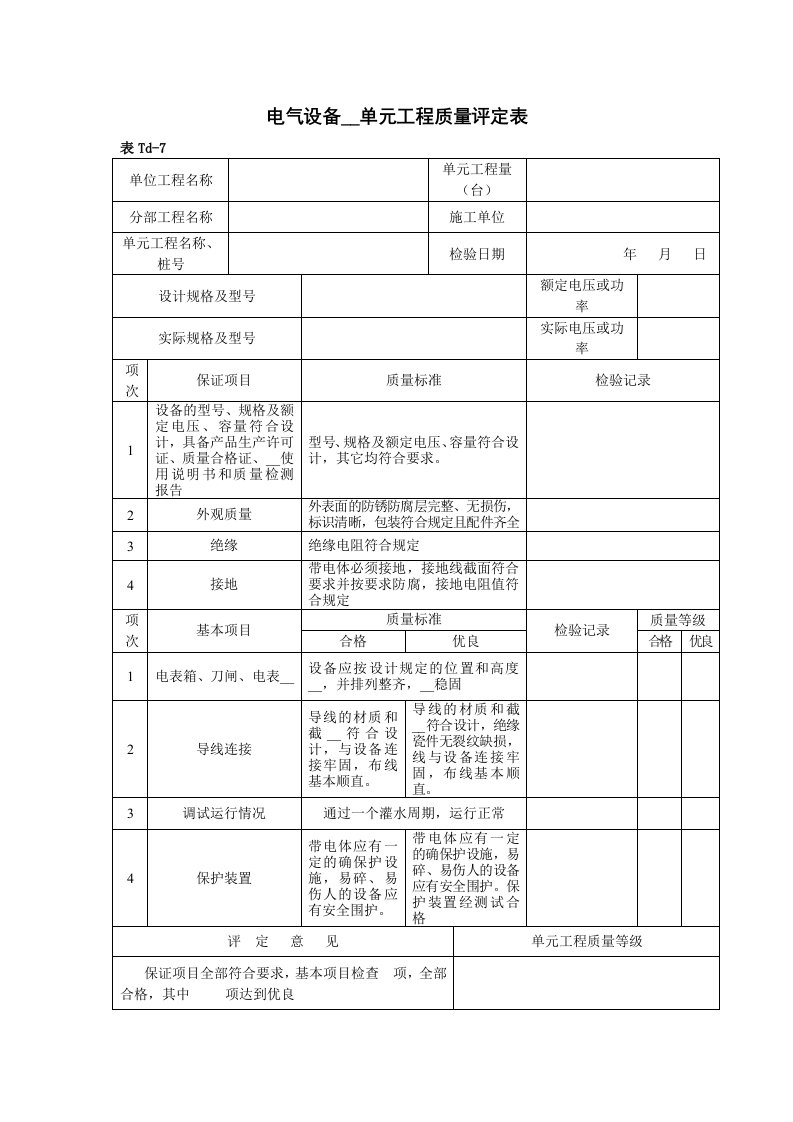 电气设备安装单元工程质量评定表