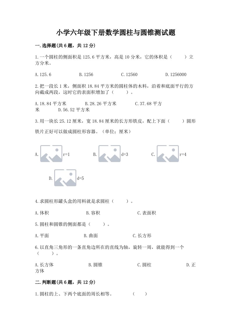 小学六年级下册数学圆柱与圆锥测试题精品（模拟题）