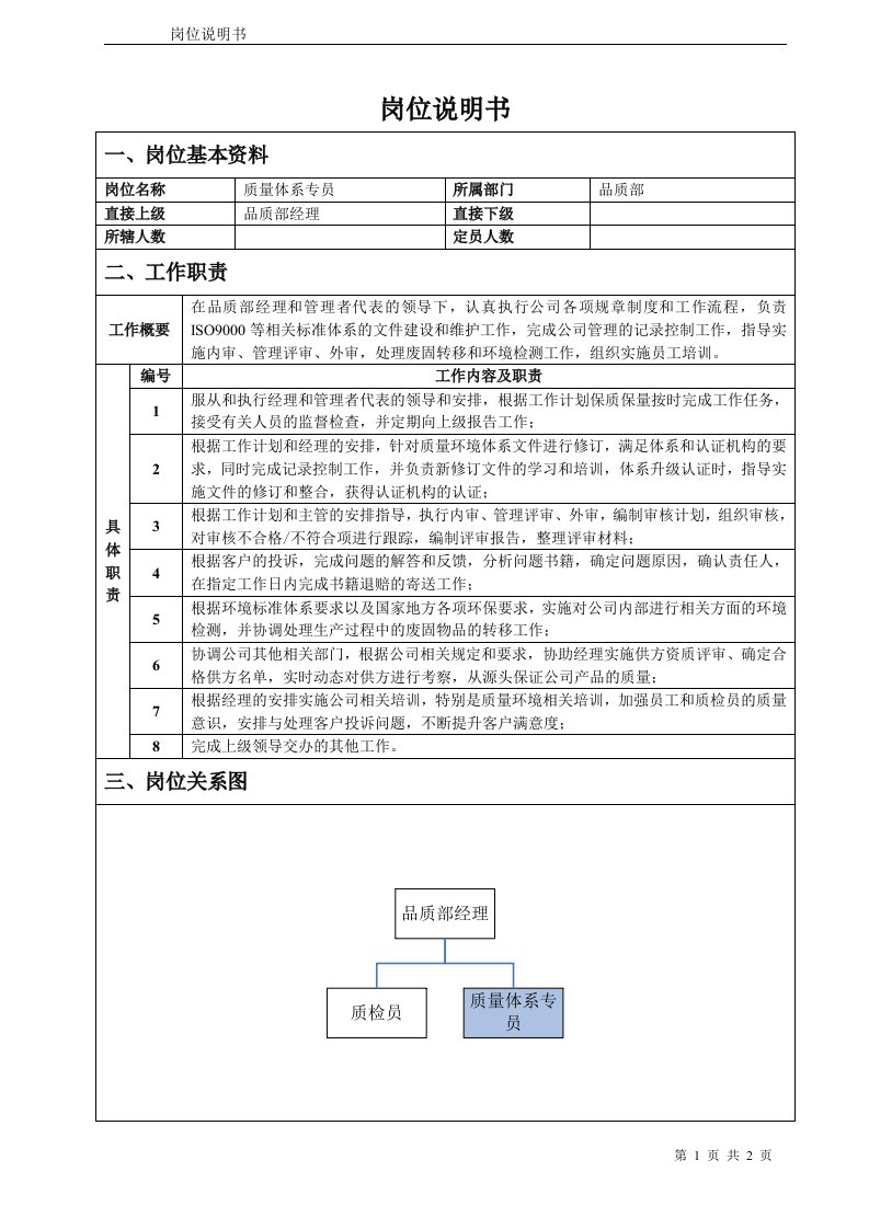 质量体系专员岗位说明书