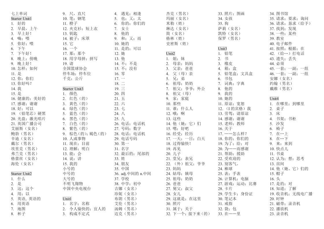 人教七上英语单词表新版(默写版)