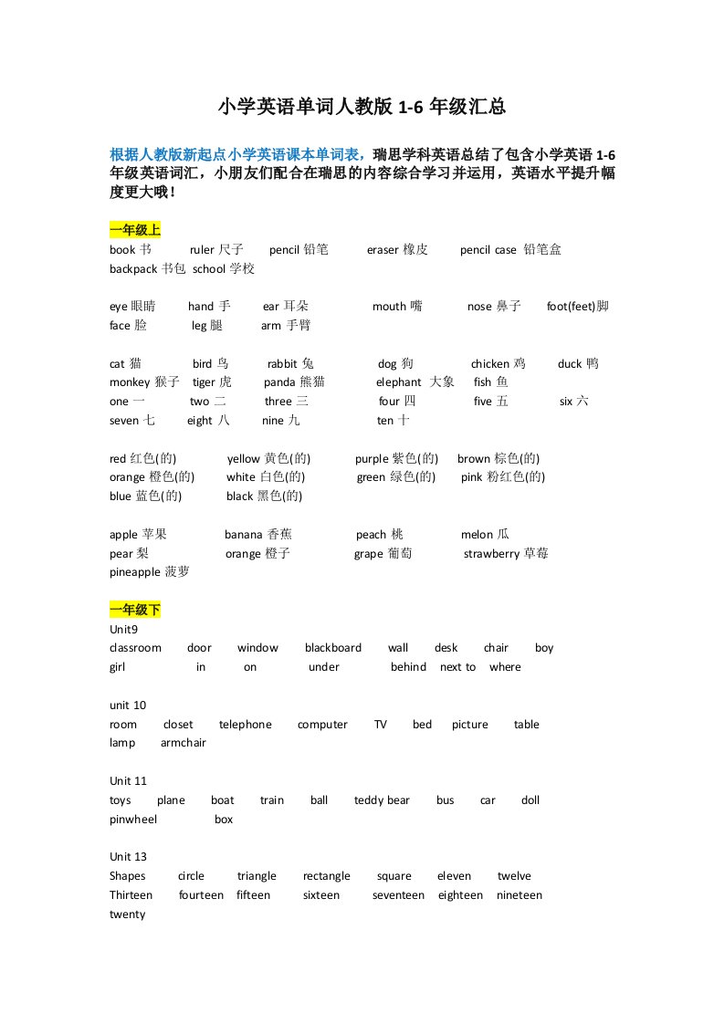 人教版小学英语单词1-6年级汇总