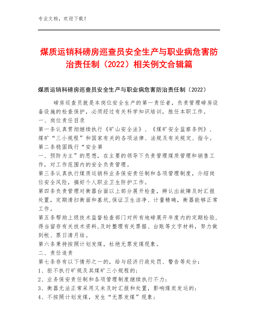 煤质运销科磅房巡查员安全生产与职业病危害防治责任制（2022）例文合辑篇