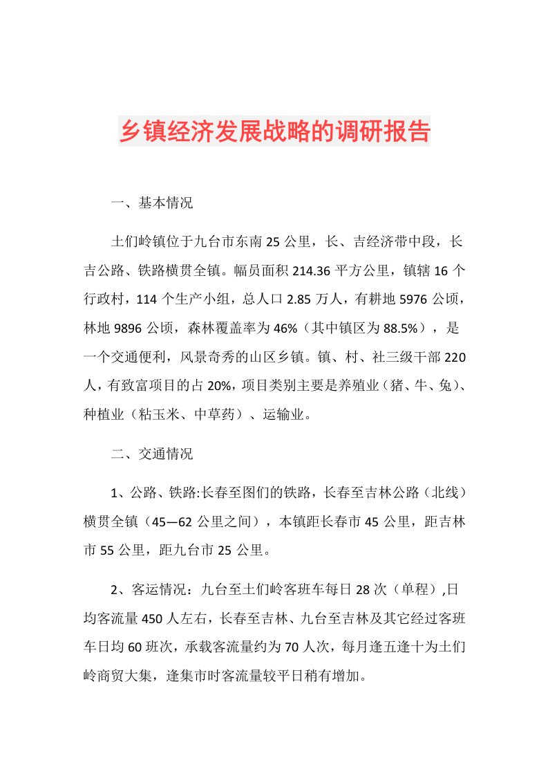 乡镇经济发展战略的调研报告