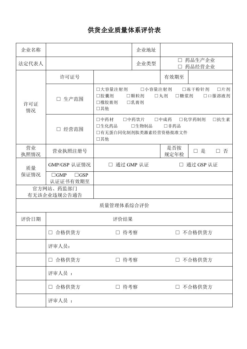 供货单位、购货单位质量体系评审表