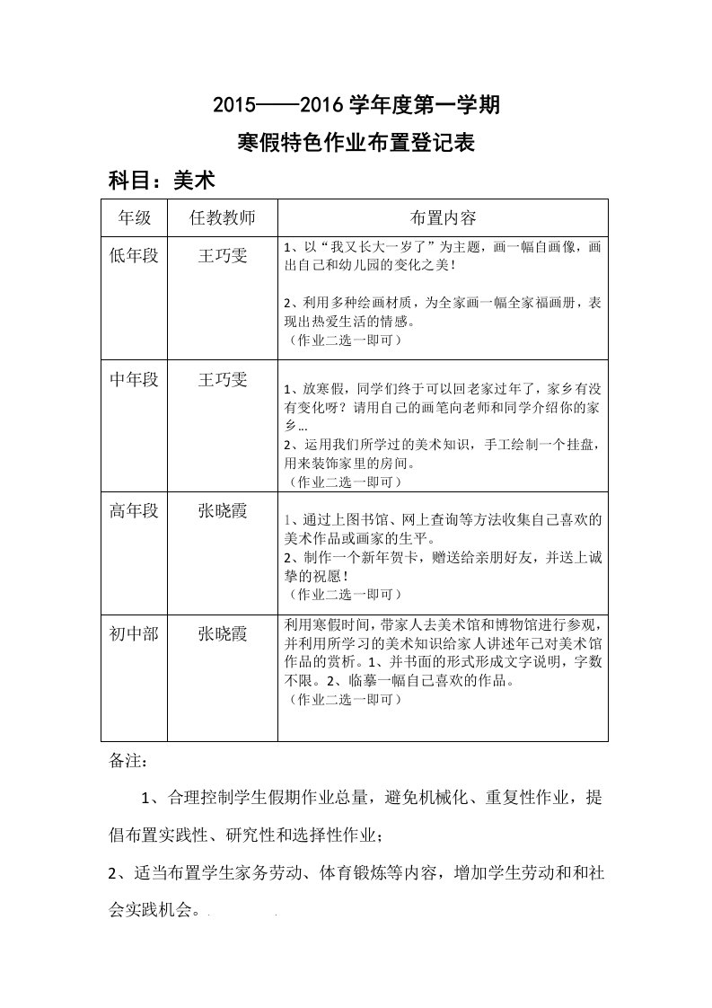 (小学部)寒假美术特色作业布置登记表