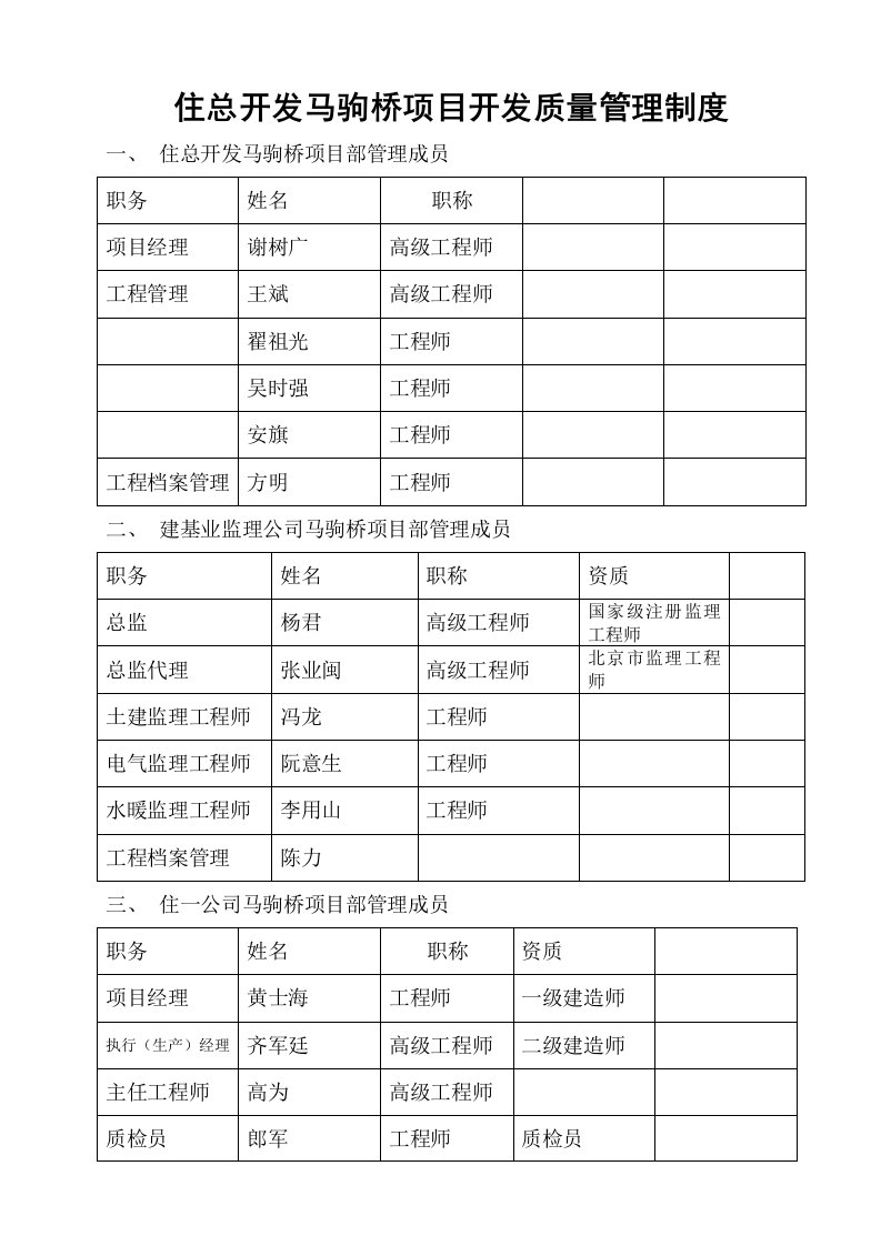 住总开发马驹桥项目开发质量管理制度