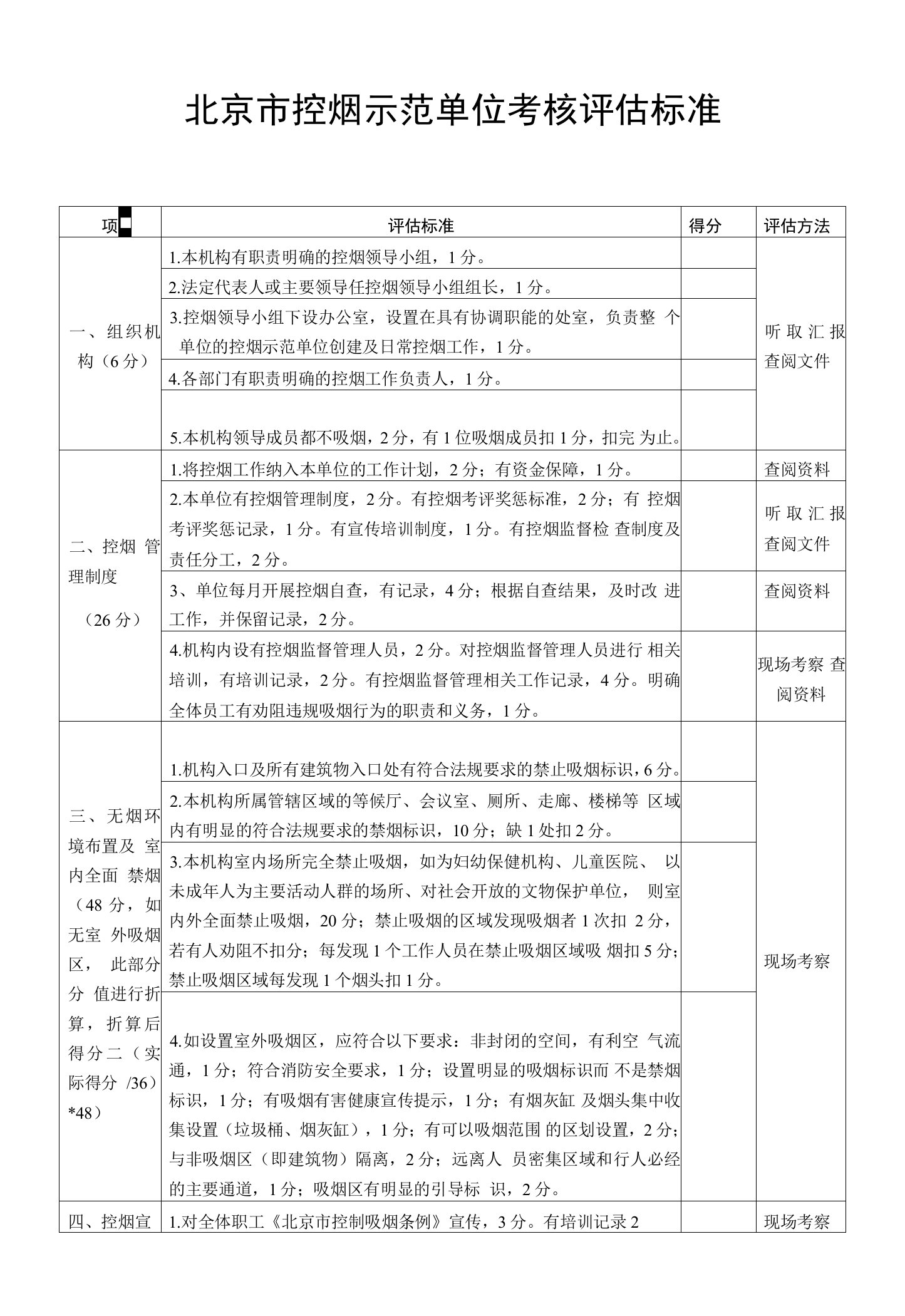 北京市控烟示范单位考核评估标准