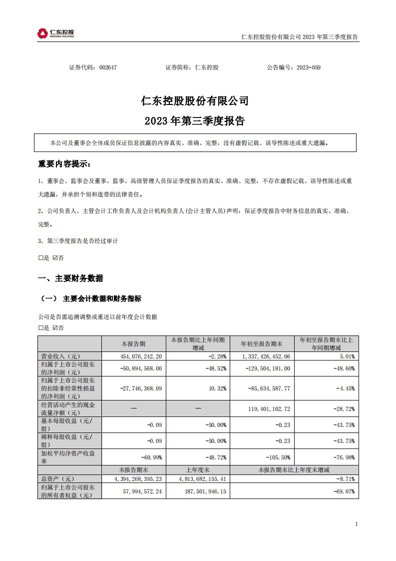 深交所-仁东控股：2023年三季度报告-20231028