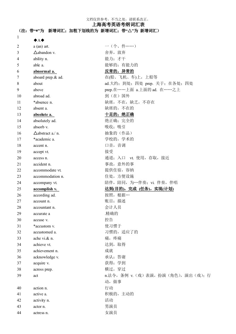 最新上海高考英语考纲词汇表完整版