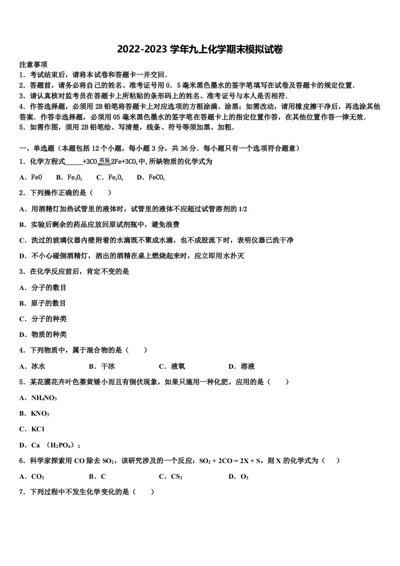 2022-2023学年广东省高州市九校联考化学九年级第一学期期末考试试题含解析