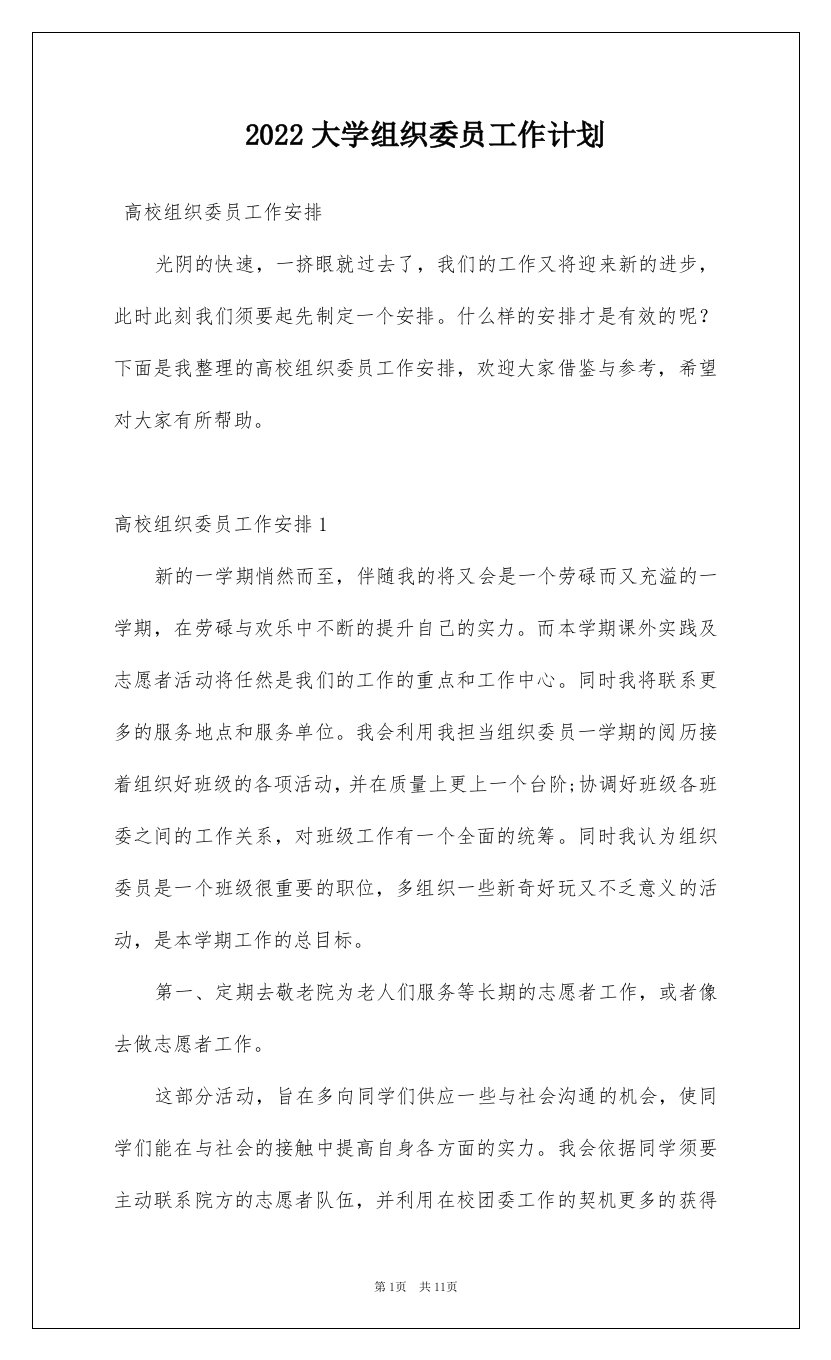 2022大学组织委员工作计划