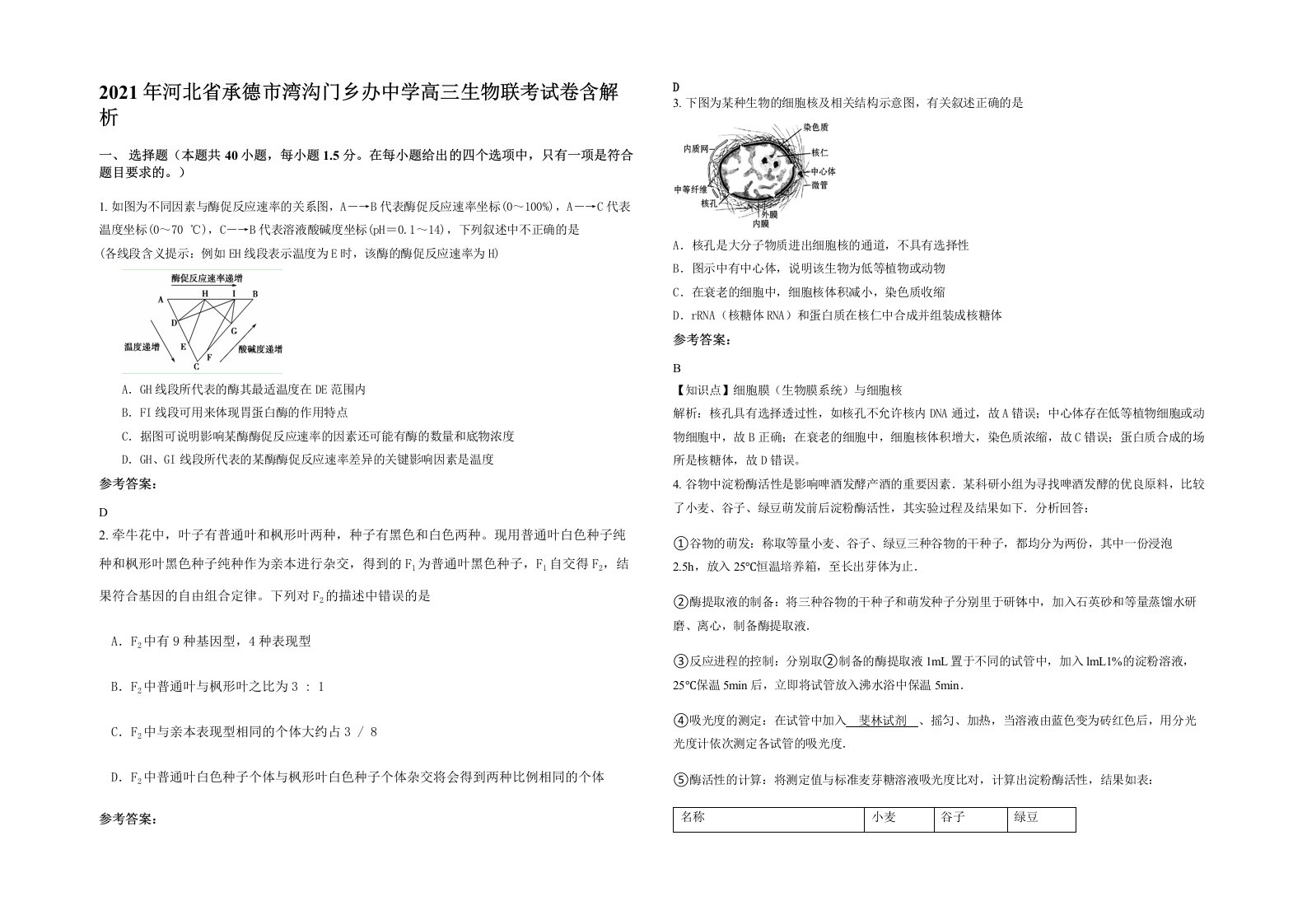 2021年河北省承德市湾沟门乡办中学高三生物联考试卷含解析