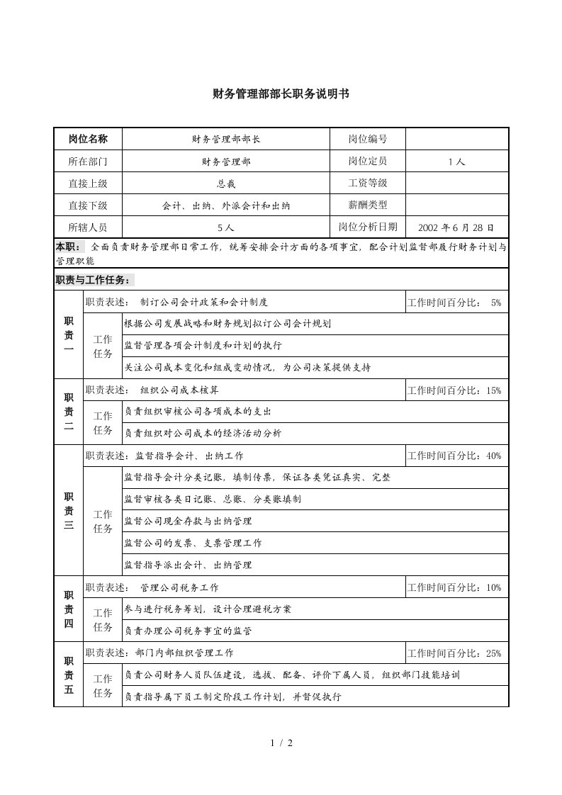 某跨国集团亚太区财务管理部部长职务说明书