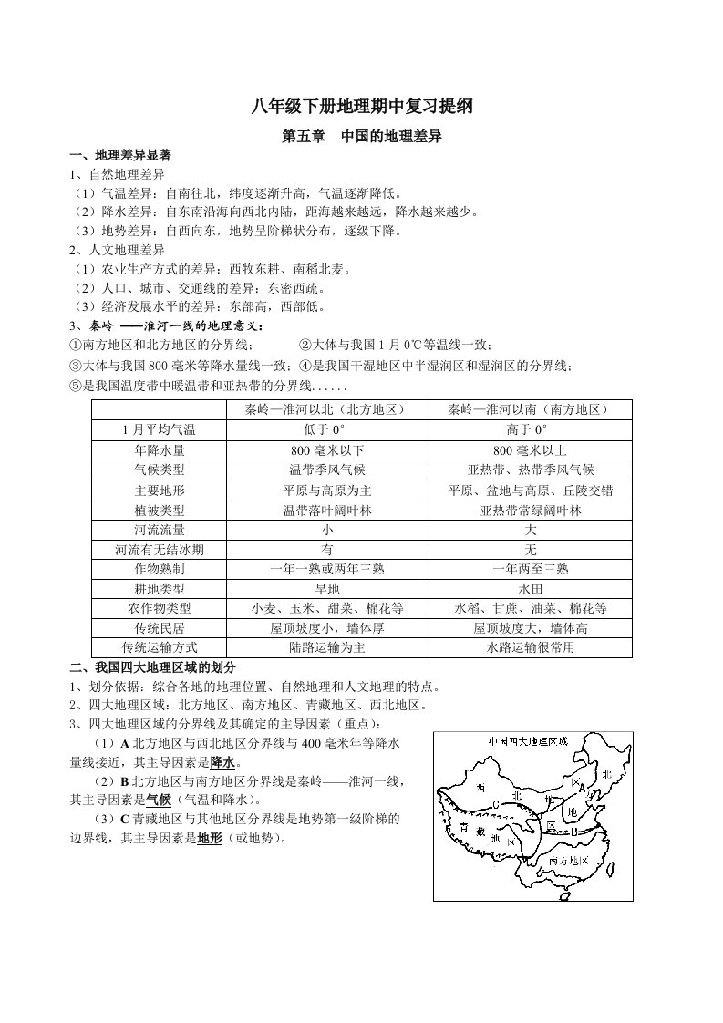 八下地理期中复习提纲