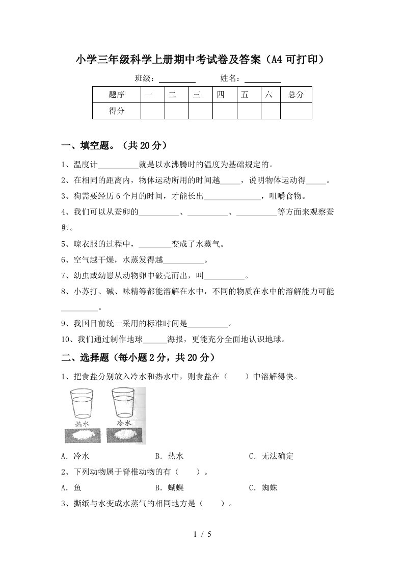 小学三年级科学上册期中考试卷及答案（a4可打印）