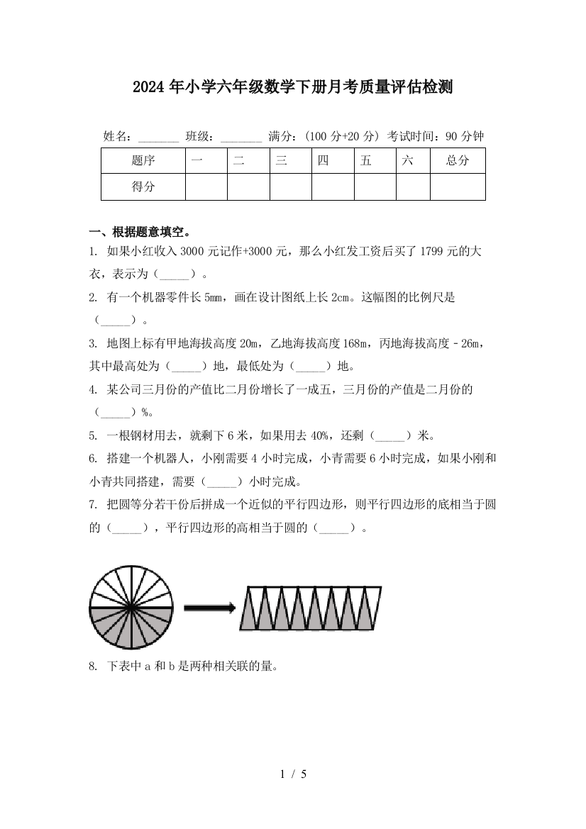 2024年小学六年级数学下册月考质量评估检测