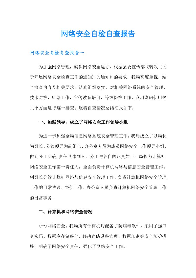 网络安全自检自查报告