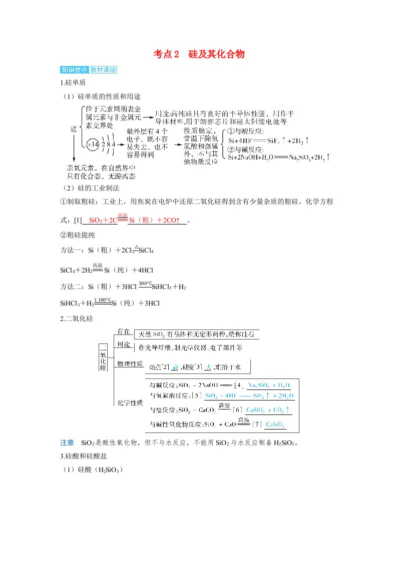 备考2024届高考化学一轮复习讲义第四章非金属及其化合物第9讲碳硅及其化合物无机非金属材料考点2硅及其化合物