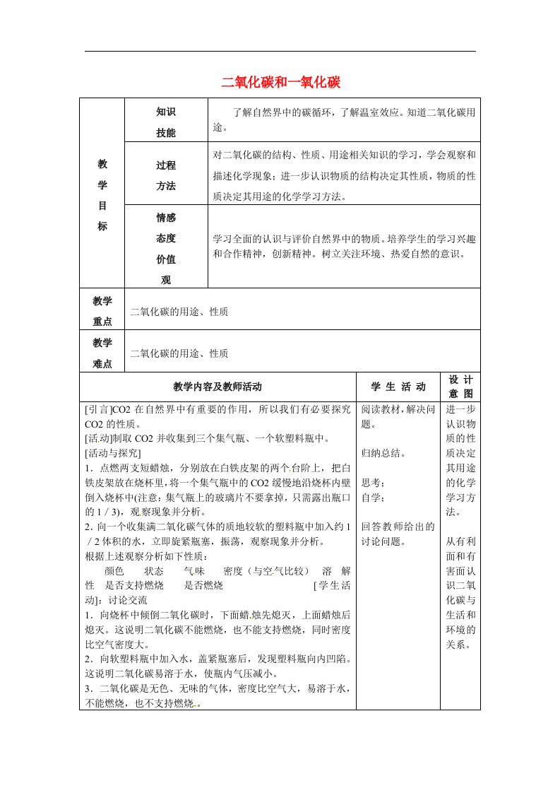 2017人教版化学九年级上册6.3《二氧化碳和一氧化碳》