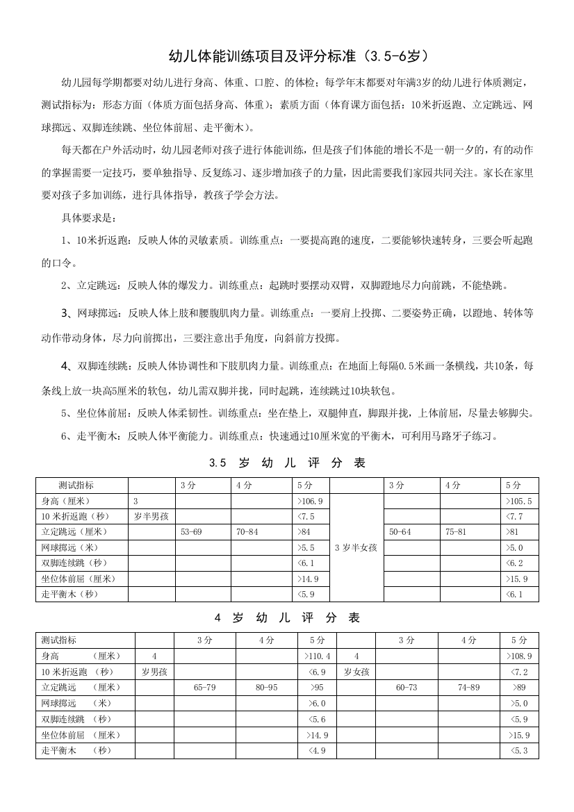 幼儿体能训练项目及评分标准356岁