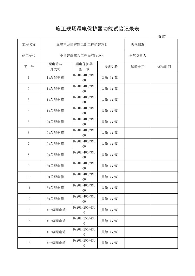 项目施工现场漏电保护器功能试验记录表