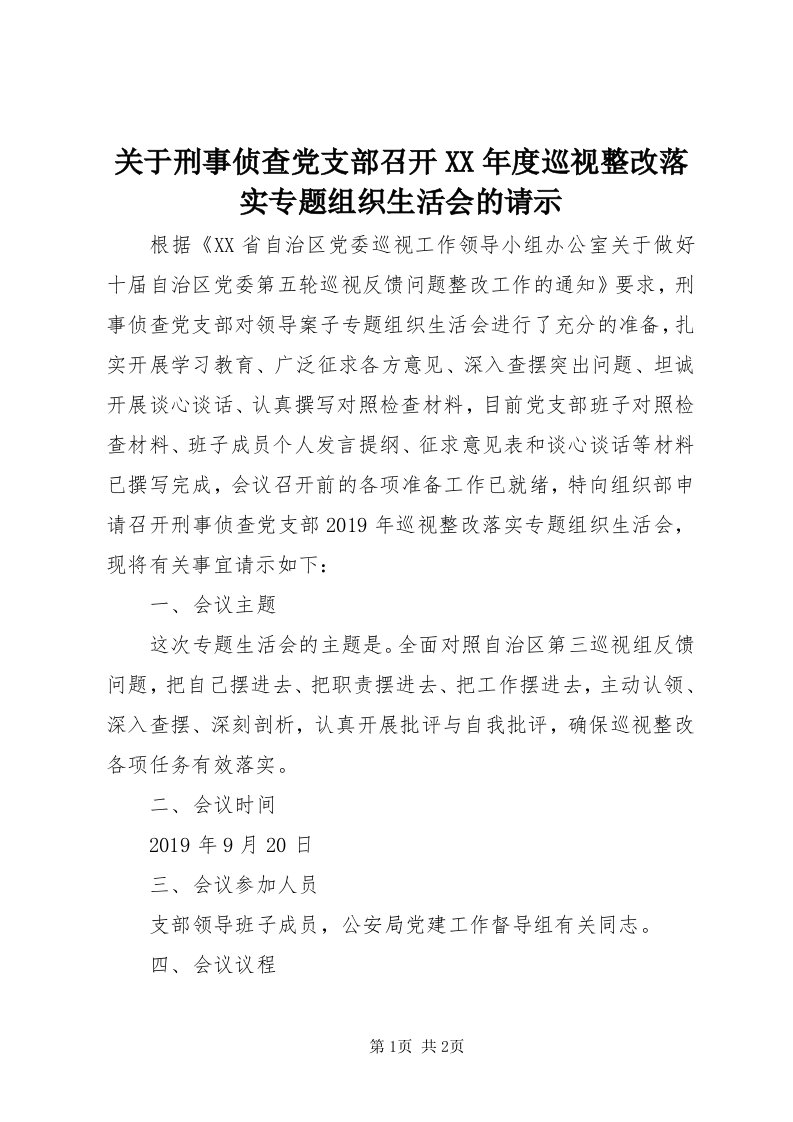 3关于刑事侦查党支部召开某年度巡视整改落实专题组织生活会的请示