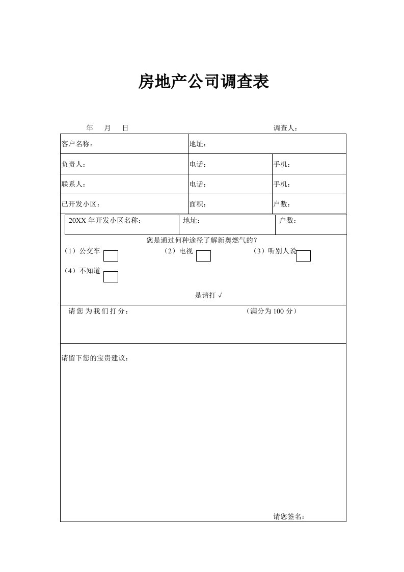 企业管理表格-房地产开发公司调查表