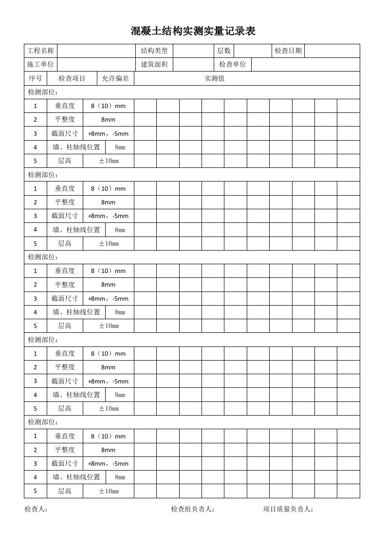 混凝土结构实测实量记录表