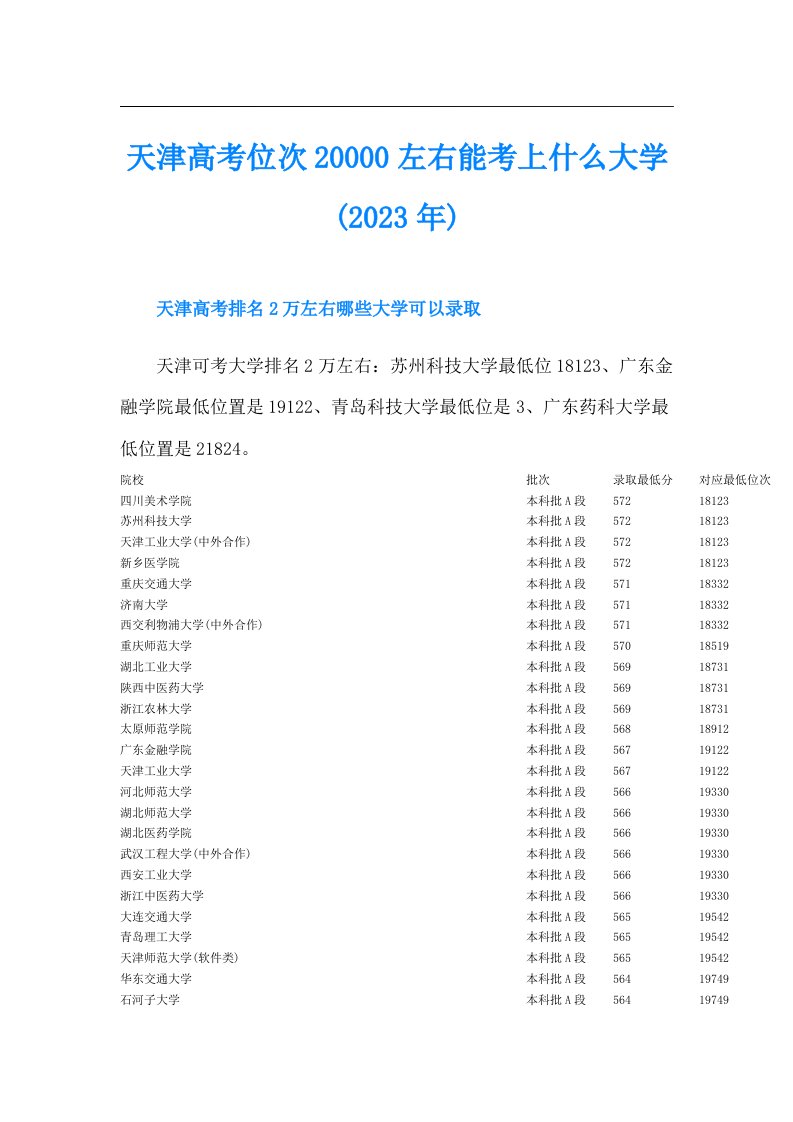 天津高考位次0左右能考上什么大学()