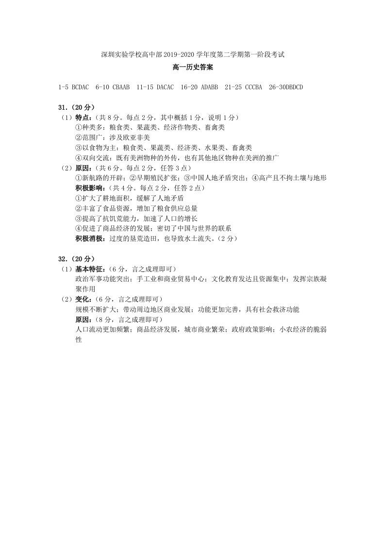 广东省深圳实验学校高中部2019-2020学年高一历史下学期第一阶段考试答案