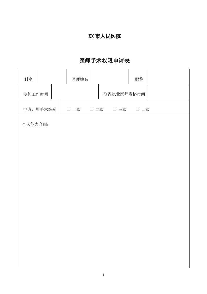 医师手术权限申请表