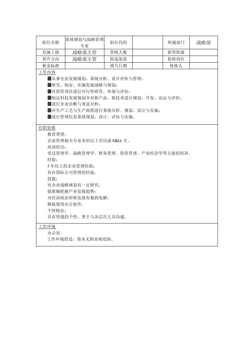 战略管理-系统规划与战略管理专家岗位说明书