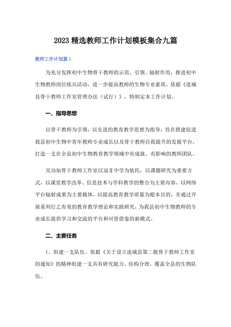 2023精选教师工作计划模板集合九篇