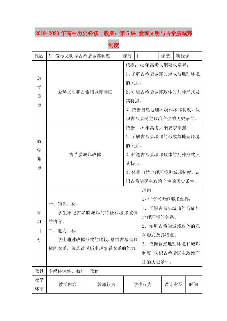 2019-2020年高中历史必修一教案：第5课