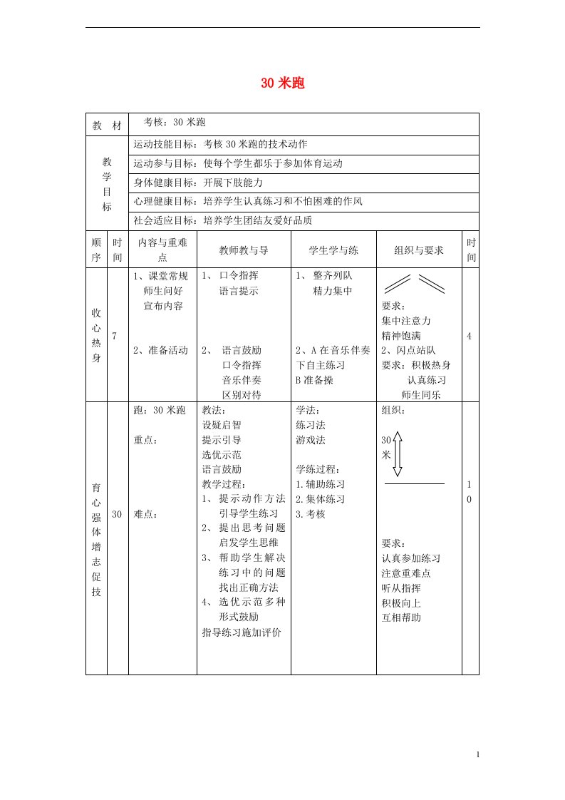 湖南省八年级体育与健康上册《30米跑》教案