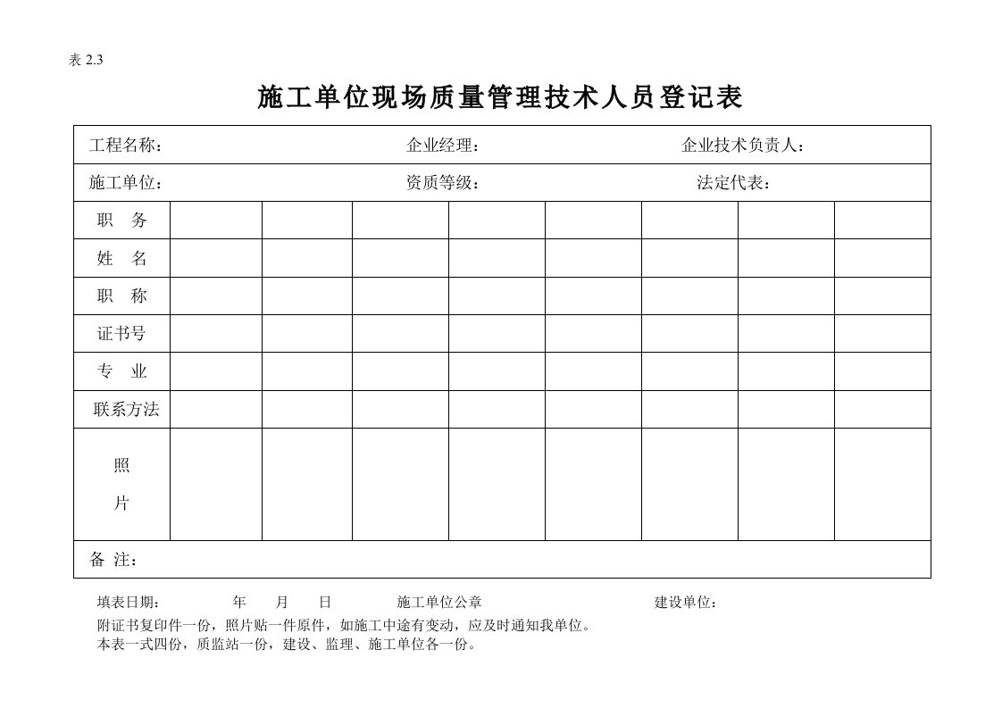 施工单位现场质量管理技术人员登记表